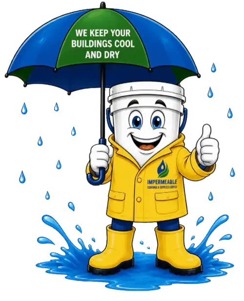 Impy the Impermeable mascot in rain gear keeping buildings cool and dry